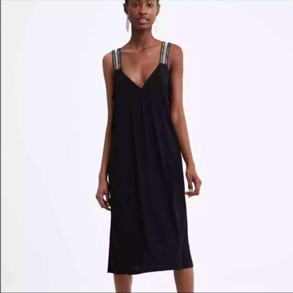 Zara Black Stretch jersey crochet strap dress size medium